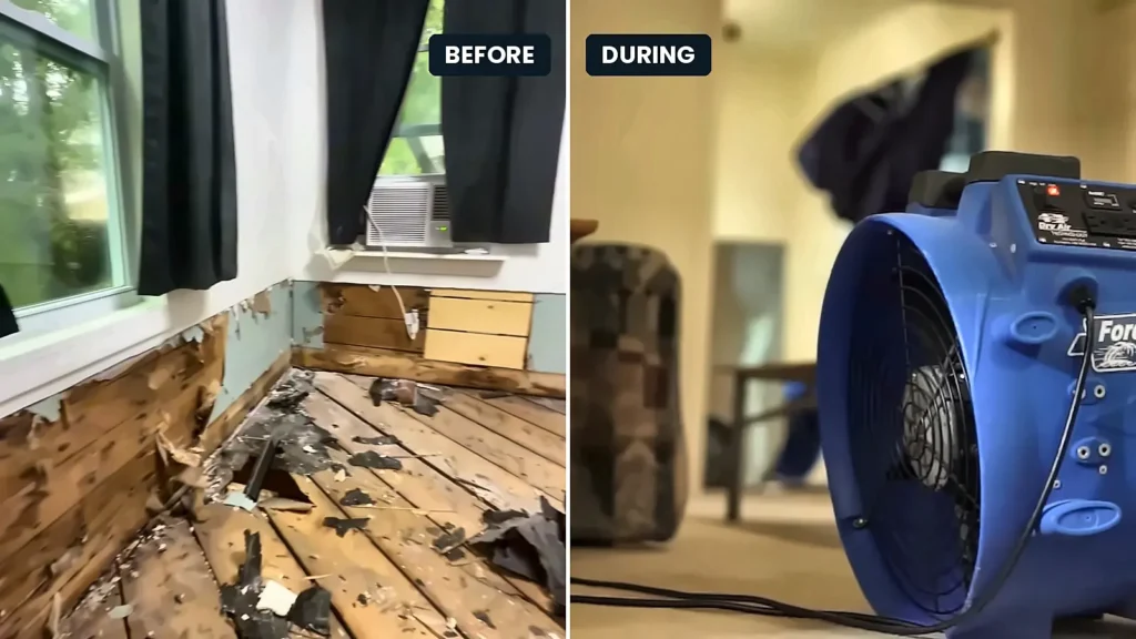 Mold remediation Cape Coral FL: before and during water damage restoration in Cape Coral: torn up wood floor, then a bedroom drying