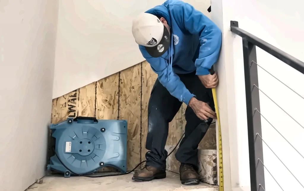 Condo water damage Fort Myers FL: condo water damage in Fort Myers: technician measuring the wet line on a stairwell wall