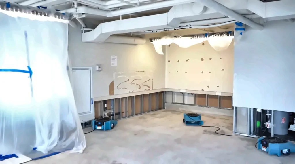 Mold remediation company Cape Coral: containment barrier and air movers in a gutted room during mold remediation