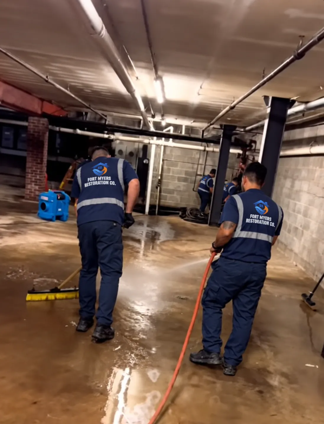 Sewage cleanup in Fort Myers: crew extracting contaminated water from a concrete floor