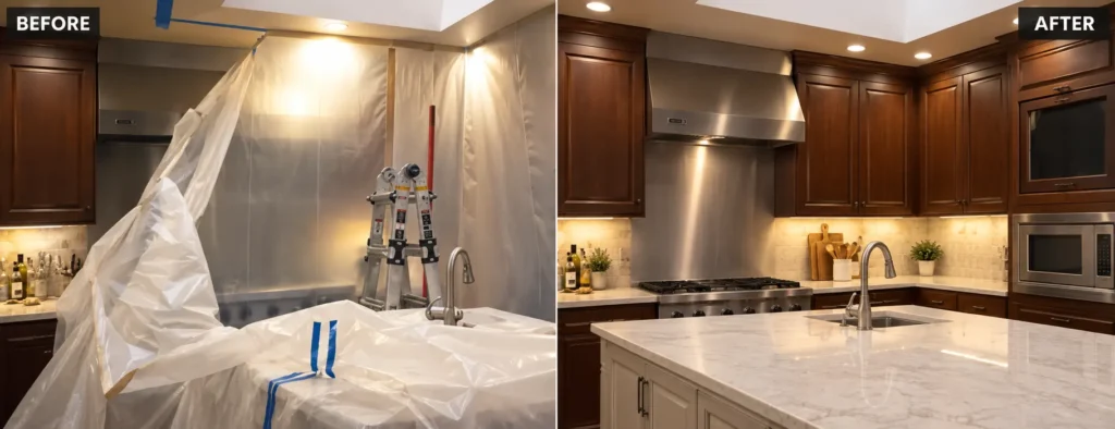 Condo water damage Fort Myers: condo water damage in Fort Myers: kitchen sealed in containment after an appliance leak, then finished