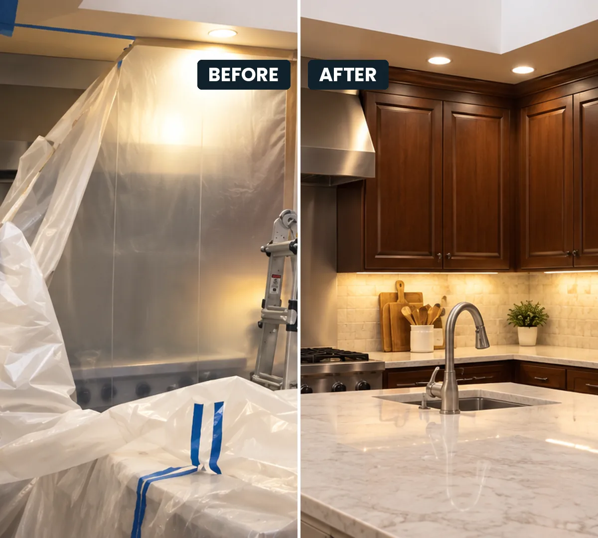 Condo water damage in Fort Myers: kitchen in plastic containment, then the finished kitchen