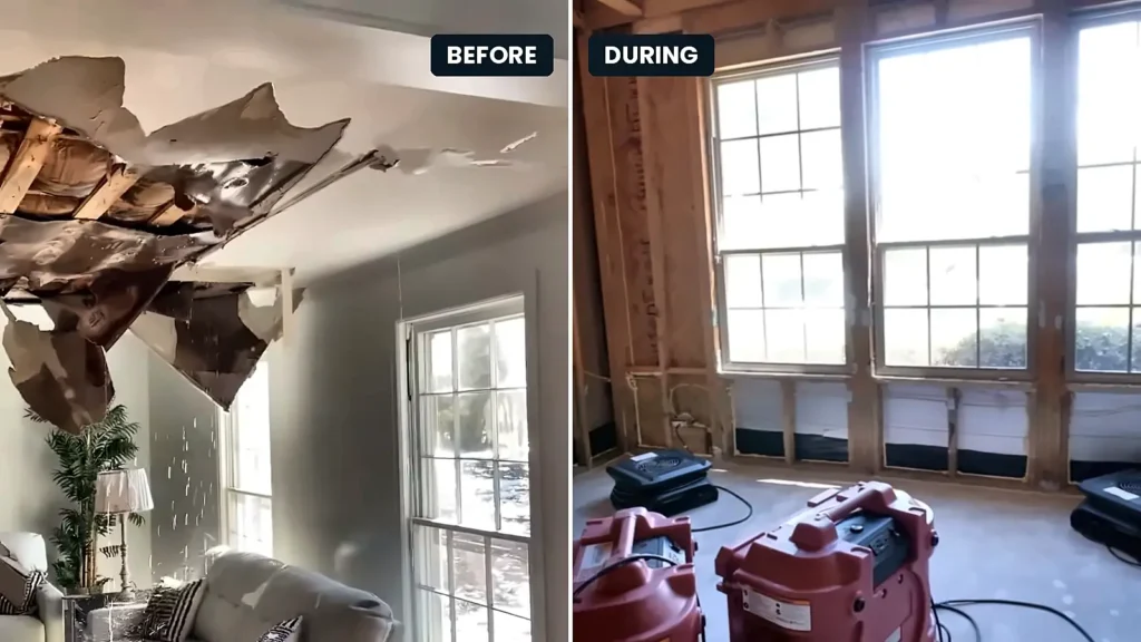 Water damage restoration Lehigh Acres FL: before and during water damage restoration in Lehigh Acres: collapsed ceiling, then stripped walls drying
