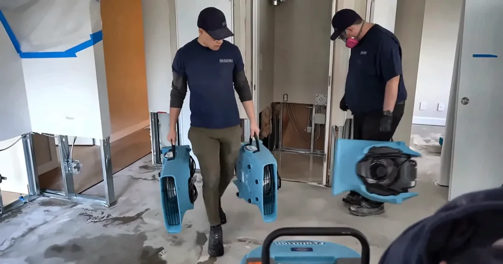 Water damage restoration company Naples: crew carrying drying equipment in for water damage restoration