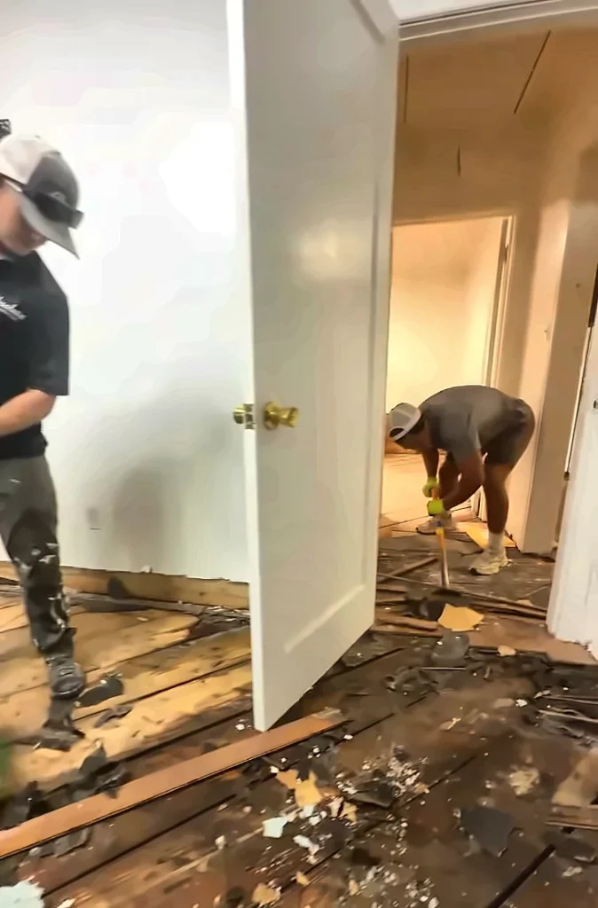 Mold remediation in Cape Coral after a leak: technician removing damaged flooring
