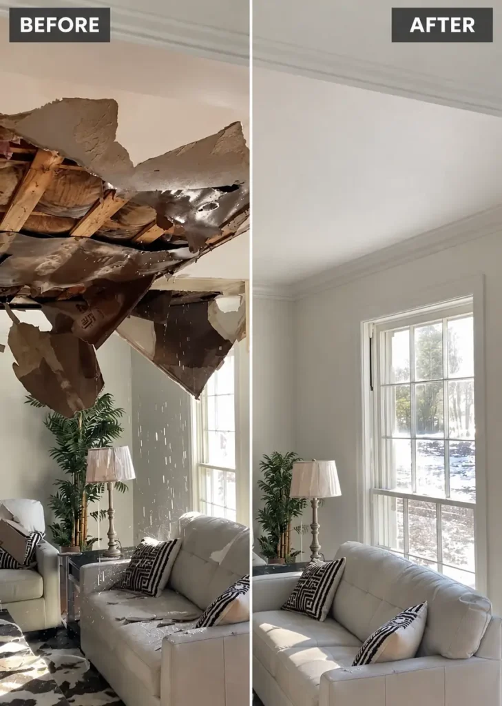 Property storm damage restoration service Fort Myers: storm roof leak with a collapsed ceiling, before and after storm damage restoration