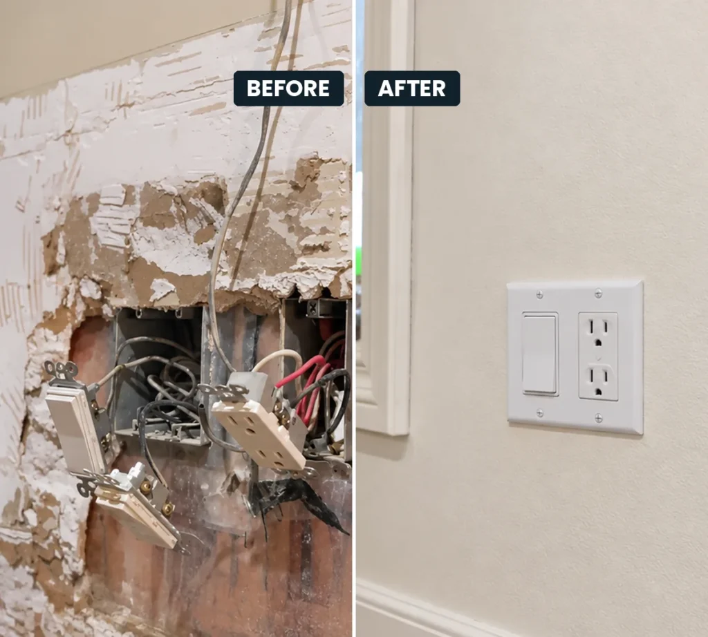 Burst pipe cleanup Fort Myers: before and after burst pipe cleanup in Fort Myers: wet drywall around outlets, then the repaired wall