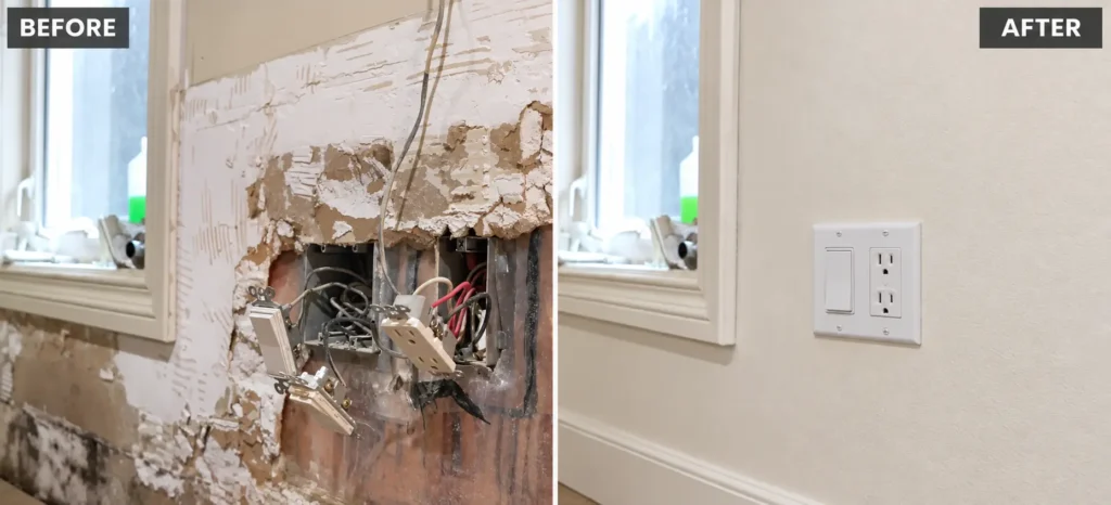 Fort Myers AC leak water damage: aC leak water damage in Fort Myers: wet drywall around outlets before and after repair