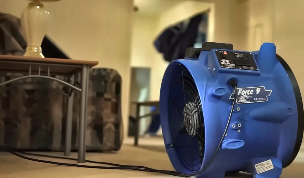 Mold remediation services Cape Coral: air mover drying a bedroom floor during water damage restoration