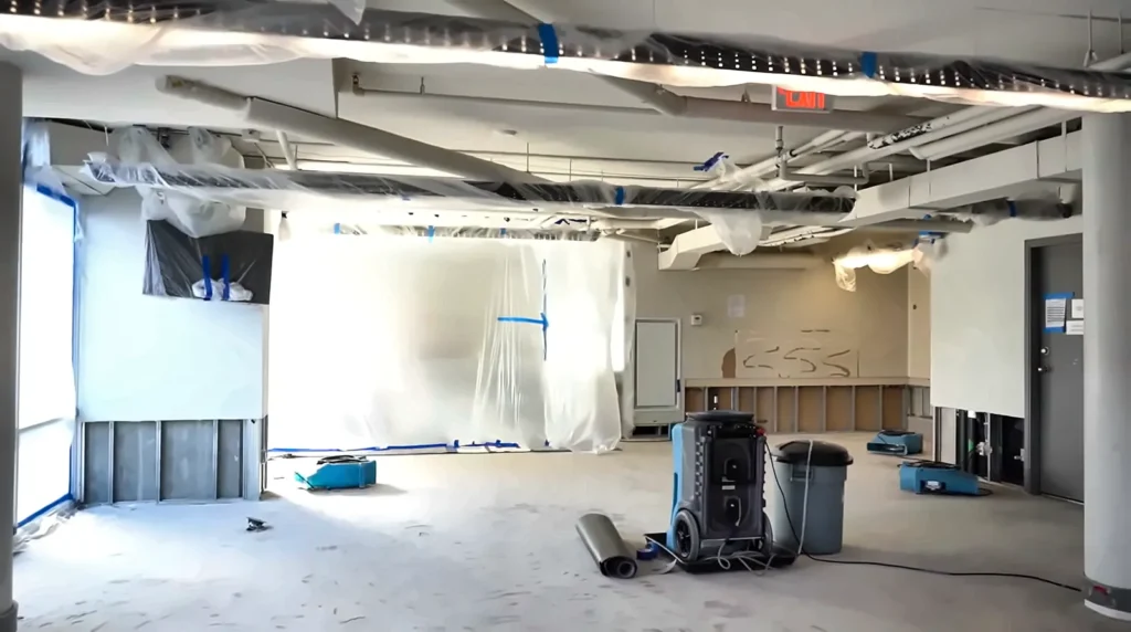 Property storm damage restoration Fort Myers: air movers drying ceilings and walls after a storm leak