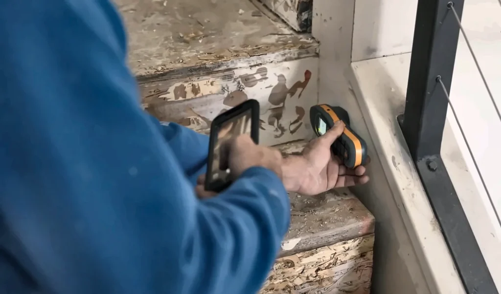 Fort Myers condo water damage: thermal camera and moisture meter tracing a condo leak between units